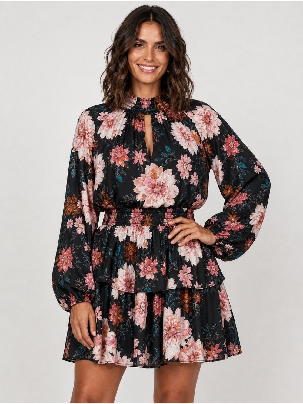 FLOWY FLORAL RUFFLE SKIRT SMOCKED WAIST MINI DRESS BALLOON SLEEVE SIZE XL